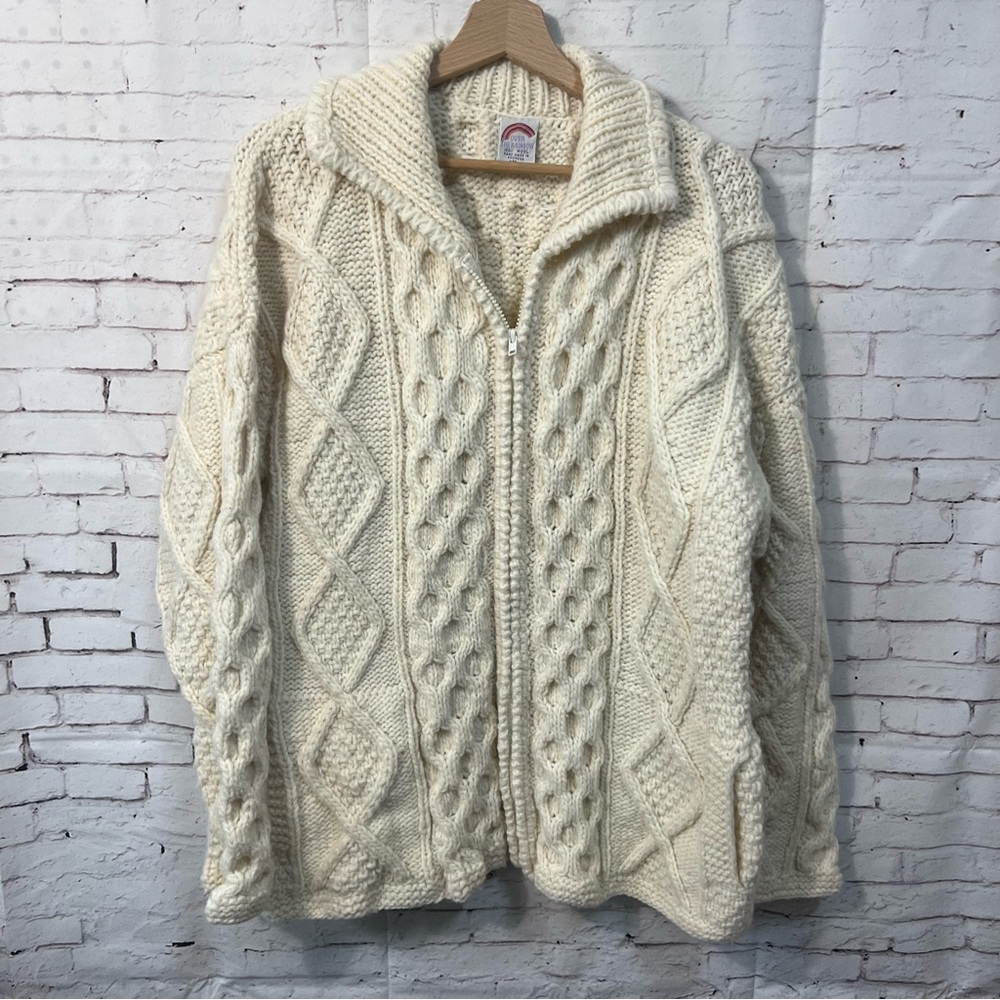 Over The Rainbow 100% Wool Women Medium Zip Cardigan Sweater Cable Cream